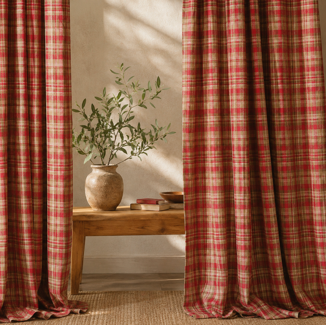 Rideau Vichy rouge semi-occultant en lin et coton avec motif à carreaux, parfait pour apporter du caractère et une ambiance champêtre aux fenêtres | Cottage | Instant rideau
