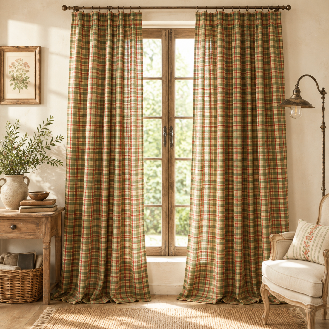 Rideau Vichy vert en lin et coton semi-occultant, motif à carreaux idéal pour habiller les fenêtres du salon ou de la chambre dans un style cottage naturel | Cottage | Instant rideau