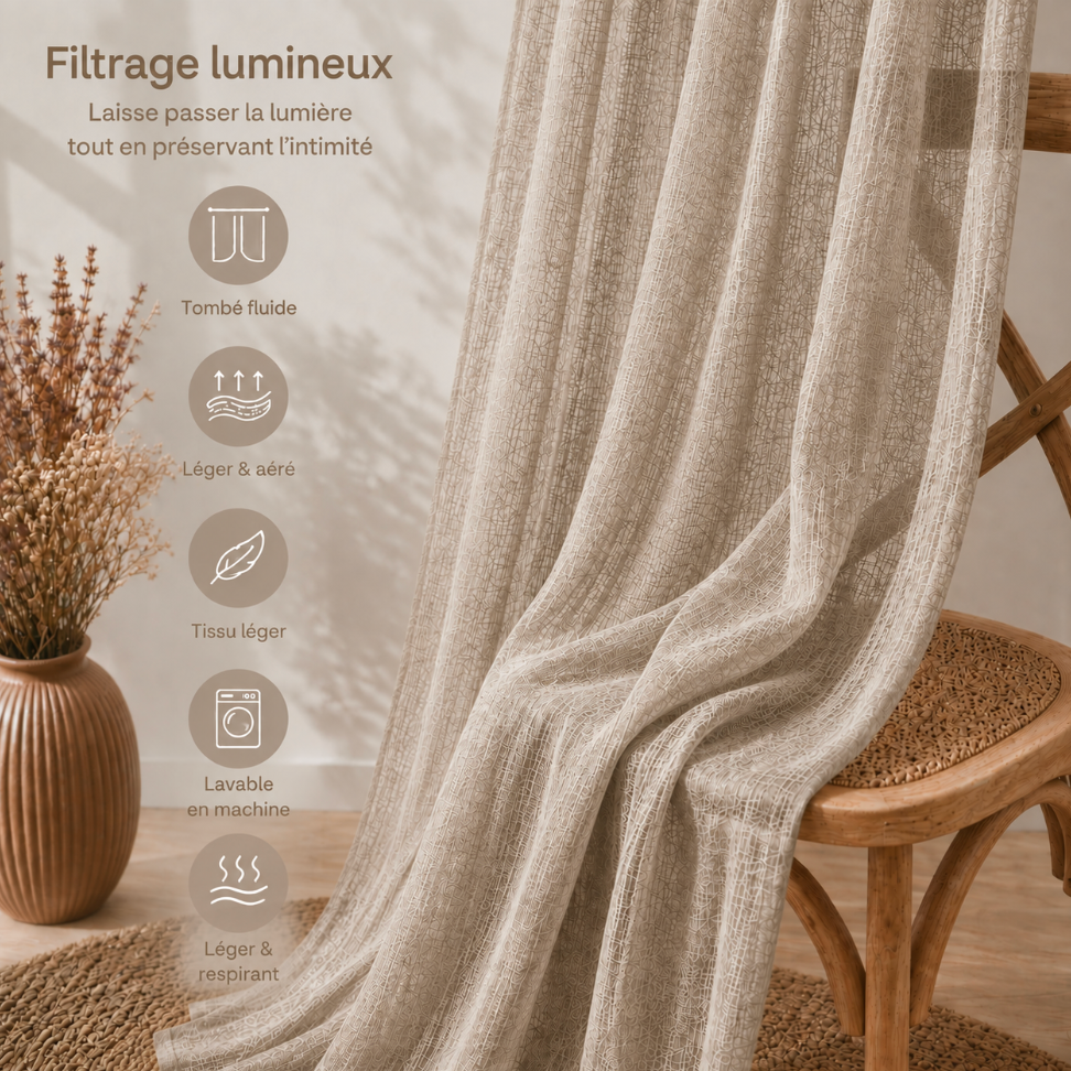 Rideau voilage beige en coton pour salon et chambre, avec texture douce et tombé fluide pour habiller élégamment les fenêtres tout en préservant la luminosité | Milia | Instant rideau