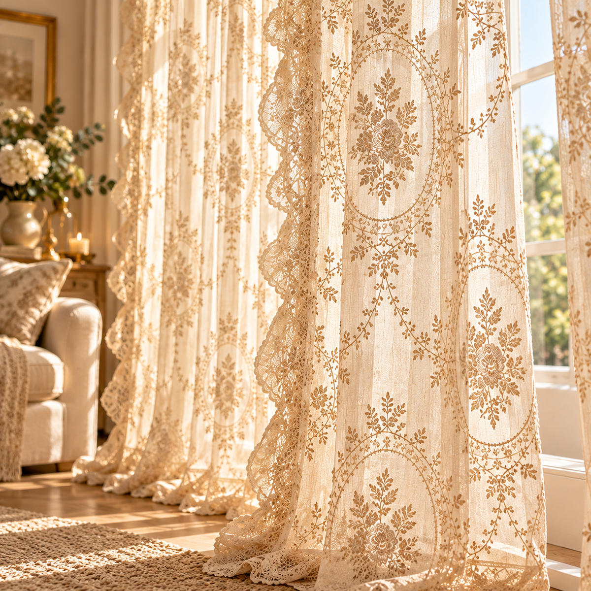 Rideau voilage beige pour grande baie vitrée et porte-fenêtre, avec tissu fluide et aérien offrant jusqu'à 40 % d'ombrage, parfait pour habiller vos fenêtres tout en préservant la luminosité naturelle de votre intérieur | Oriu | Instant rideau