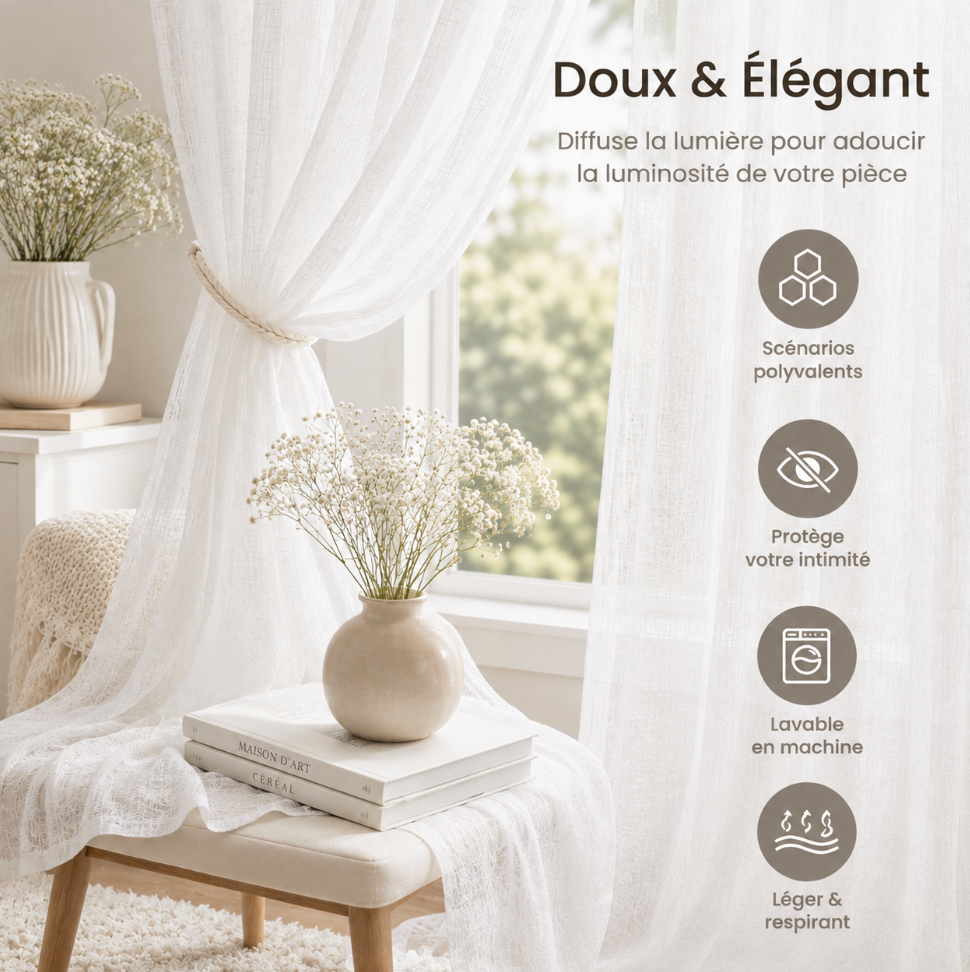 Rideau voilage blanc en coton pour salon et chambre avec texture douce, transparence délicate et tombé fluide pour habiller élégamment les fenêtres | Milia | Instant rideau