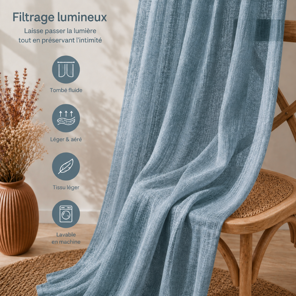 Rideau voilage bleu brume en coton pour salon et chambre, avec texture douce et tombé fluide pour habiller élégamment les fenêtres sans assombrir la pièce | Milia | Instant rideau