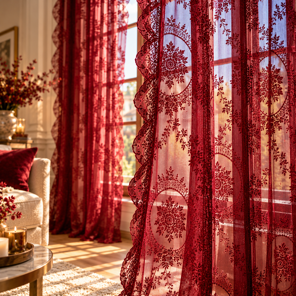 Rideau voilage bordeaux léger pour grande baie vitrée, avec tissu aérien 100 % polyester et ombrage jusqu'à 40 %, parfait pour habiller vos fenêtres avec raffinement et créer une ambiance chaleureuse | Oriu | Instant rideau