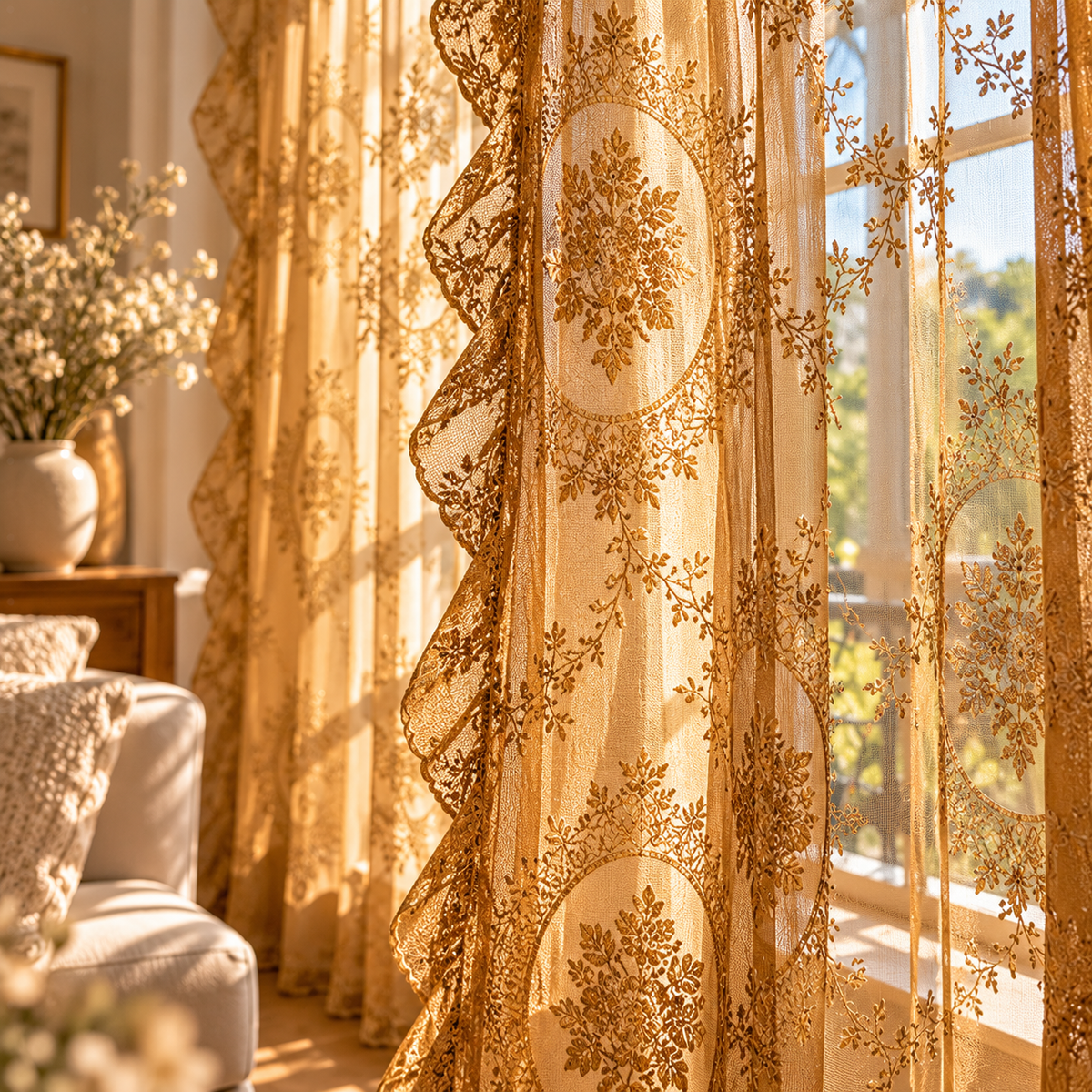 Rideau voilage caramel pour grande baie vitrée et porte-fenêtre, avec tissu fluide et aérien offrant jusqu'à 40 % d'ombrage, parfait pour habiller vos fenêtres tout en préservant la luminosité naturelle de votre intérieur | Oriu | Instant rideau