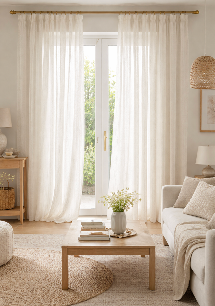 Rideau voilage en lin à texture naturelle beige pour salon et chambre, rideau tamisant lumineux décoration maison élégante et ambiance chaleureuse | Lino | Instant Rideau