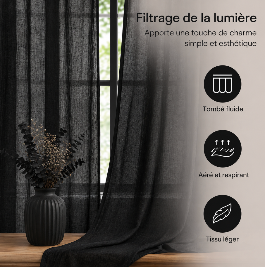Rideau voilage noir en coton pour salon et chambre, idéal pour habiller les fenêtres avec un rendu aérien, moderne et élégant tout en conservant la luminosité | Milia | Instant rideau