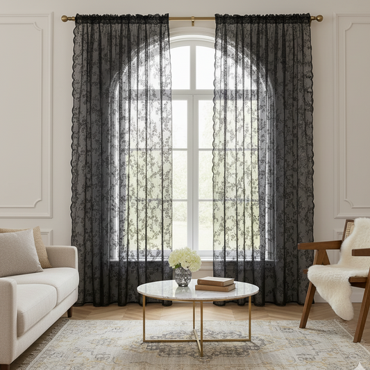 Rideau voilage noir élégant et moderne salon baie vitrée | Brodia | Instant rideau 