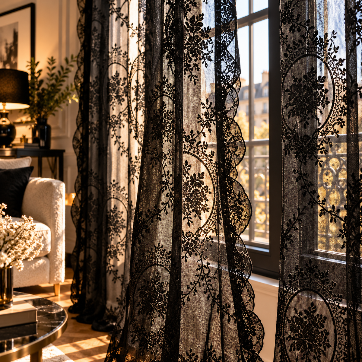 Rideau voilage noir léger pour grande baie vitrée, avec tissu aérien 100 % polyester et ombrage jusqu'à 40 %, parfait pour habiller vos fenêtres avec raffinement sans bloquer complètement la lumière du jour | Oriu | Instant rideau