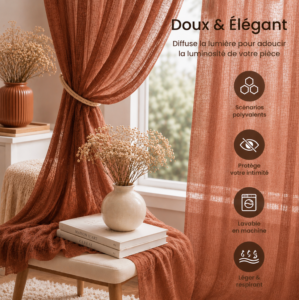 Rideau voilage terracotta en coton pour salon et chambre, avec tombé fluide et texture naturelle pour habiller les fenêtres tout en préservant la luminosité | Milia | Instant rideau