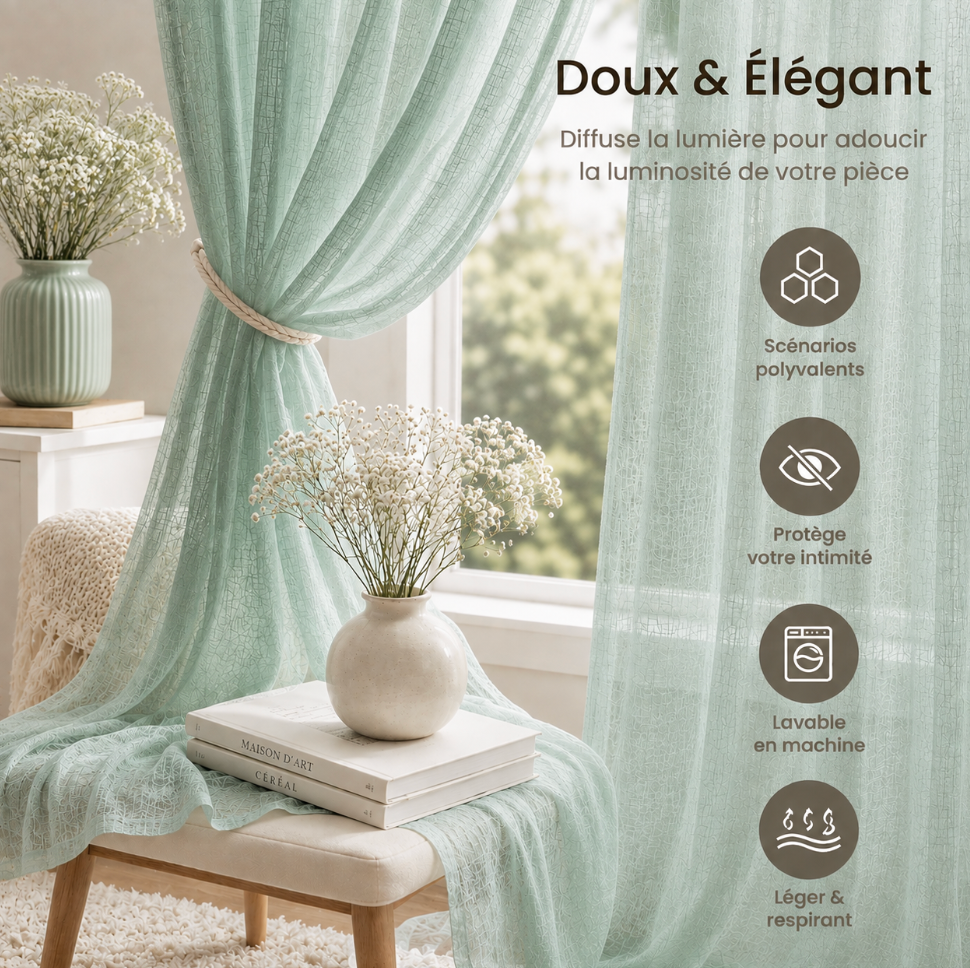Rideau voilage vert d'eau en coton pour salon et chambre, avec texture douce et tombé fluide pour habiller les fenêtres dans une ambiance naturelle et apaisante | Milia | Instant rideau