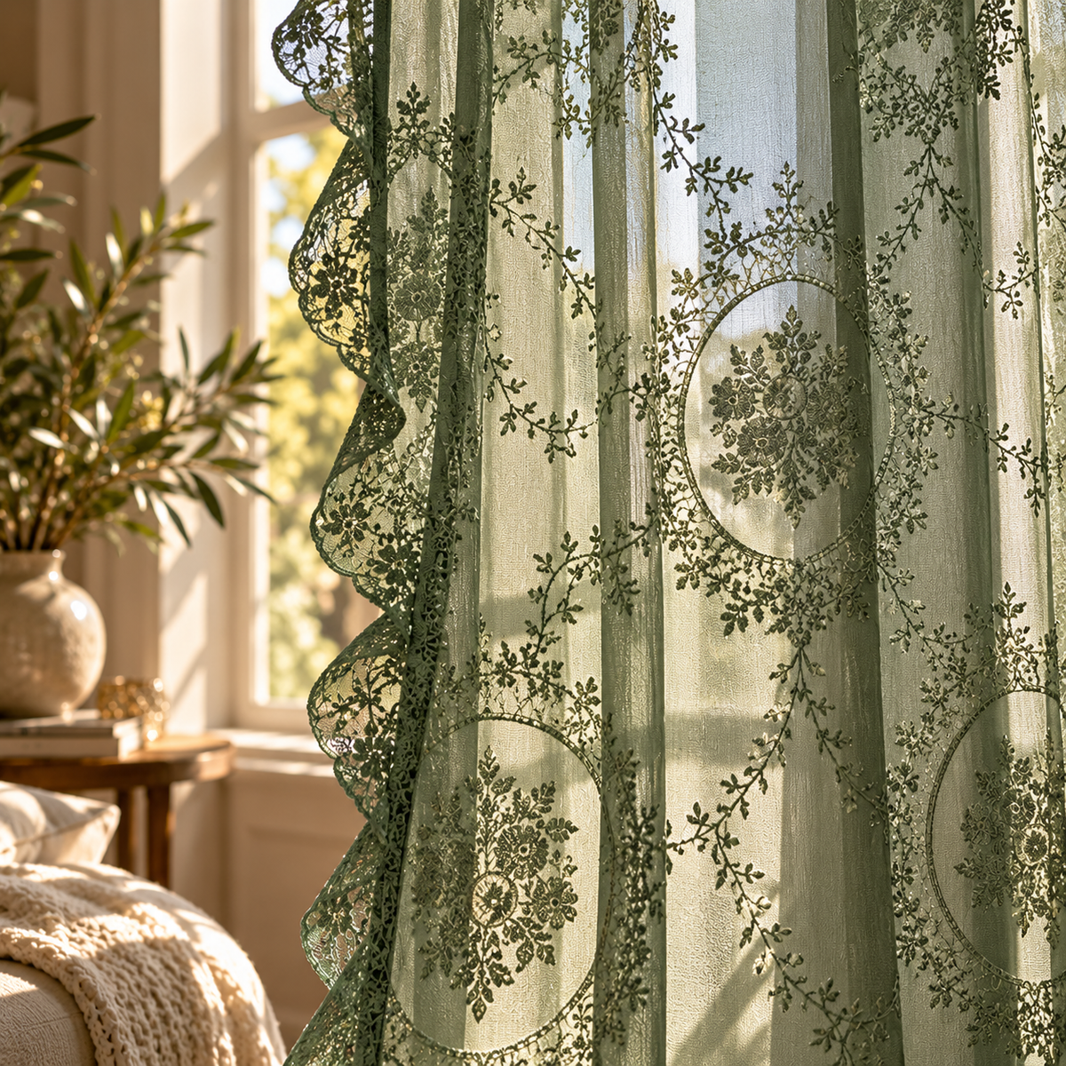 Rideau voilage vert kaki pour grande baie vitrée et porte-fenêtre, avec tissu fluide et aérien offrant jusqu'à 40 % d'ombrage, parfait pour habiller les fenêtres tout en préservant la luminosité du salon | Oriu | Instant rideau