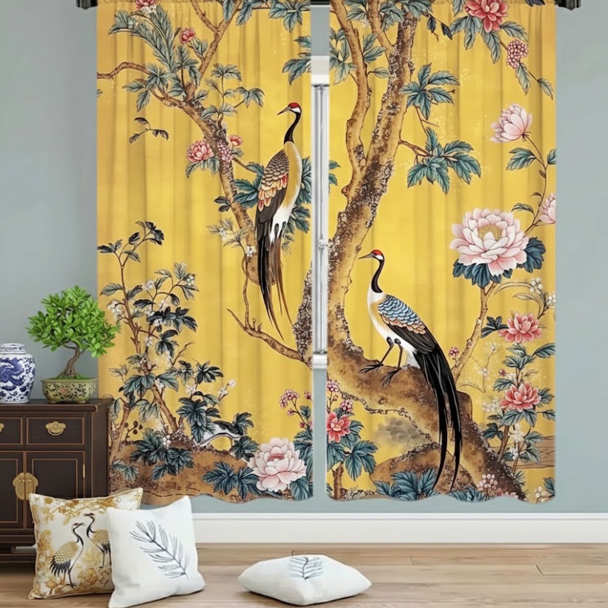 Rideaux asiatiques semi-occultant paon jaune | Liàn | Instant Rideau