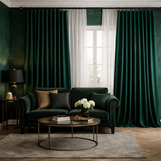 Rideaux en velours vert foncé luxueux épais phonique isolant pour fenêtre grande largeur décoration chic et raffinée | Velaris | Instant rideau