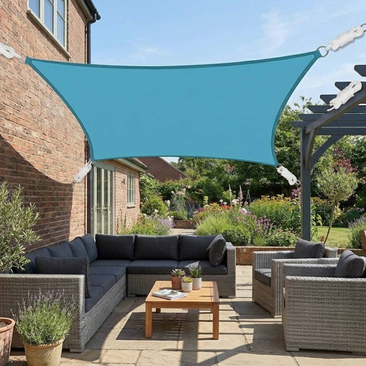 Toile d’ombrage bleu ciel protection UV 95% extérieur ombrage terrasse | Sunara | Instant rideau