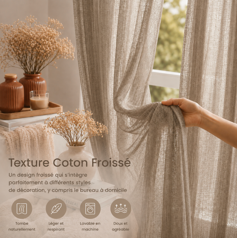 Voilage beige léger en coton pour salon, chambre ou salle à manger, parfait pour habiller fenêtres et grandes ouvertures avec un rendu naturel, fluide et intemporel | Milia | Instant rideau