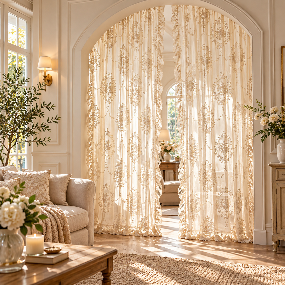 Voilage beige transparent pour fenêtre de salon, en tissu léger 100 % polyester, idéal pour filtrer délicatement la lumière naturelle et apporter une touche chaleureuse, élégante et intemporelle à votre décoration intérieure | Oriu | Instant rideau