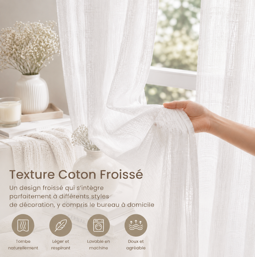 Voilage blanc léger pour salon, chambre et salle à manger avec tissu en coton au rendu naturel, parfait pour habiller fenêtres et grandes ouvertures avec élégance | Milia | Instant rideau