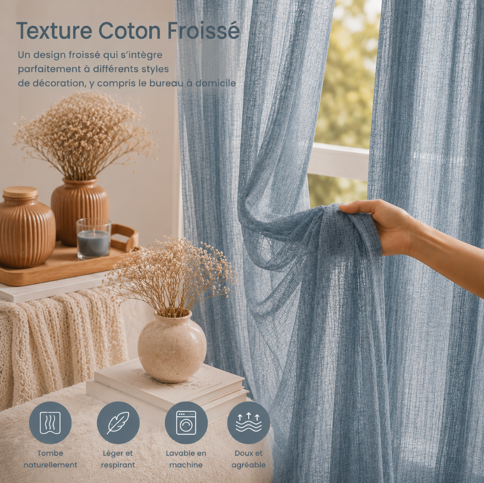 Voilage bleu brume léger pour décoration de salon, chambre ou salle à manger, avec tissu en coton au rendu naturel, aérien et délicatement coloré | Milia | Instant rideau