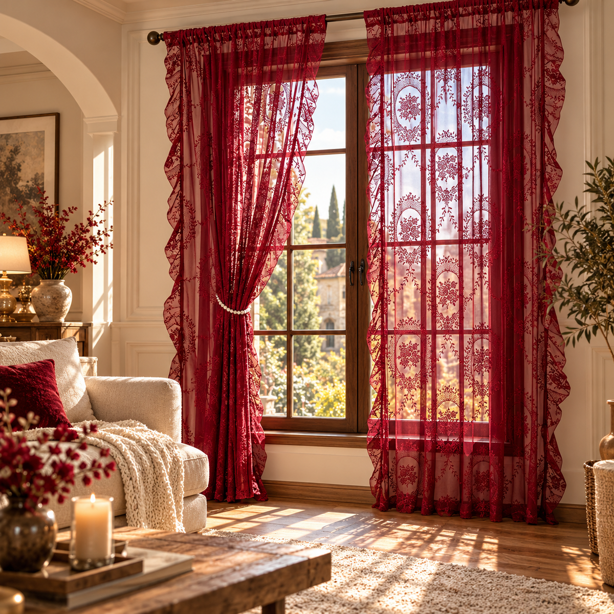 Voilage bordeaux transparent pour fenêtre de salon, confectionné en polyester léger et fluide, idéal pour filtrer délicatement la lumière naturelle tout en apportant une touche chaleureuse et élégante à votre décoration | Oriu | Instant rideau