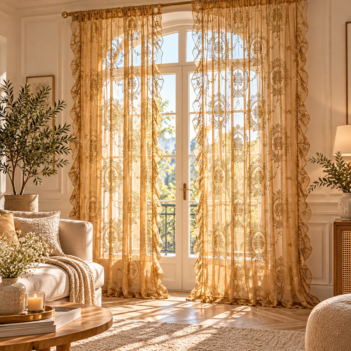 Voilage caramel pour chambre et salle à manger, rideau transparent en polyester au tombé souple et délicat, idéal pour tamiser doucement la lumière du jour et créer une ambiance cosy, raffinée et accueillante | Oriu | Instant rideau