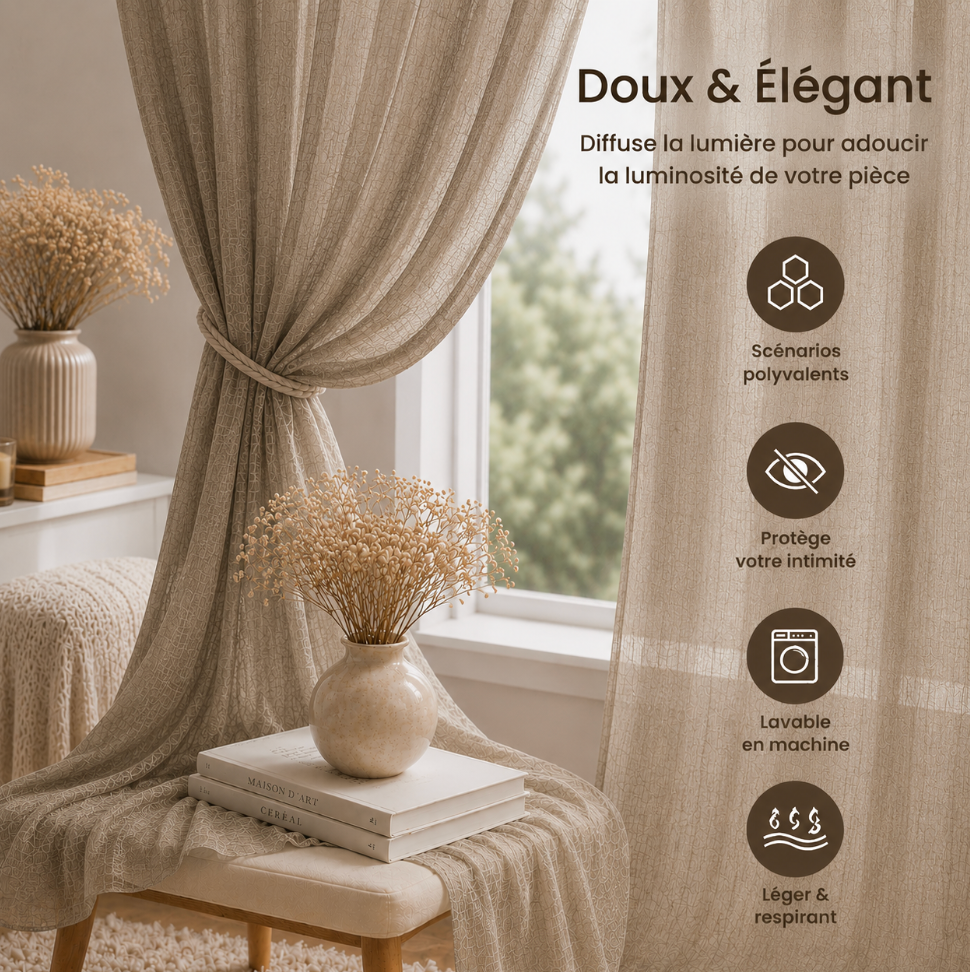Voilage en coton beige transparent au rendu naturel, idéal pour laisser entrer la lumière du jour et créer une ambiance lumineuse autour de vos fenêtres | Milia | Instant rideau