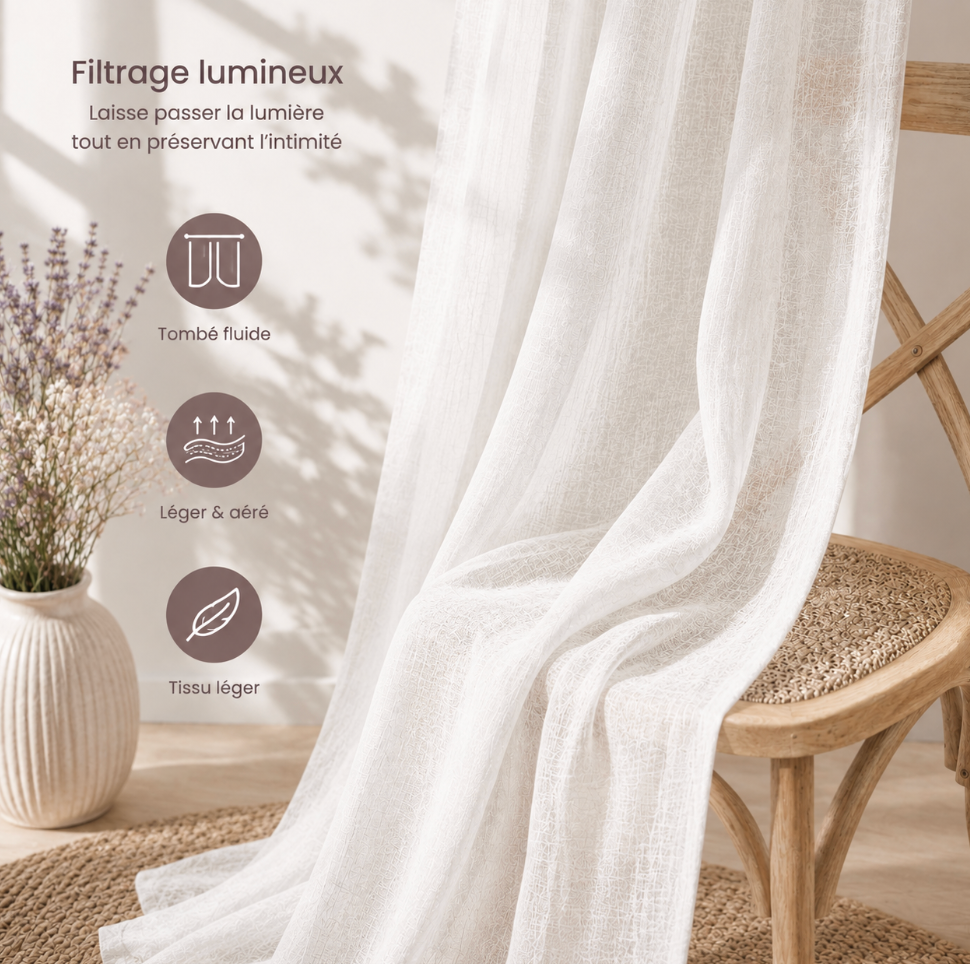 Voilage en coton blanc transparent laissant passer la lumière naturelle, idéal pour créer une décoration douce, aérienne et lumineuse dans votre intérieur | Milia | Instant rideau