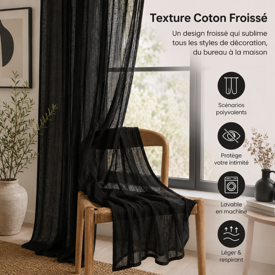 Voilage en coton noir au tombé fluide et aérien pour fenêtre ou grande ouverture, conçu pour filtrer délicatement la lumière et moderniser votre décoration | Milia | Instant rideau