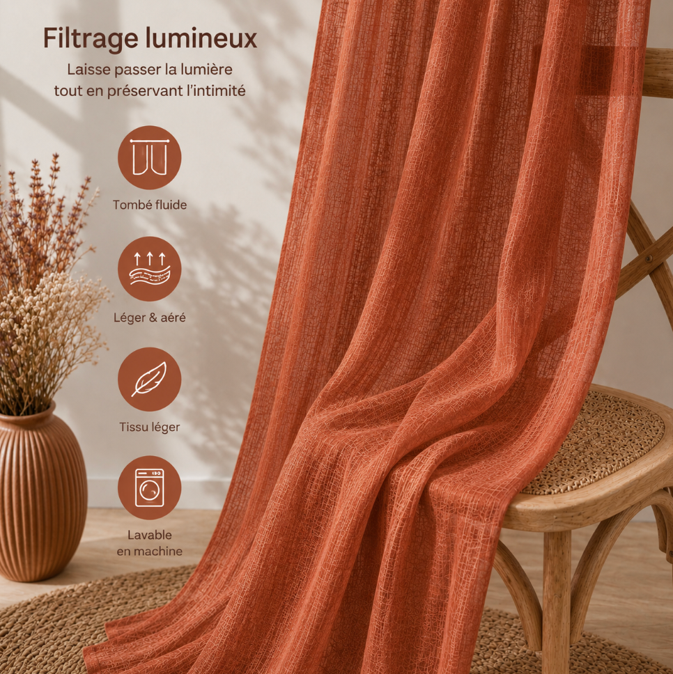 Voilage en coton terracotta transparent, idéal pour laisser passer la lumière du jour et apporter une touche chaleureuse et naturelle à votre décoration intérieure | Milia | Instant rideau