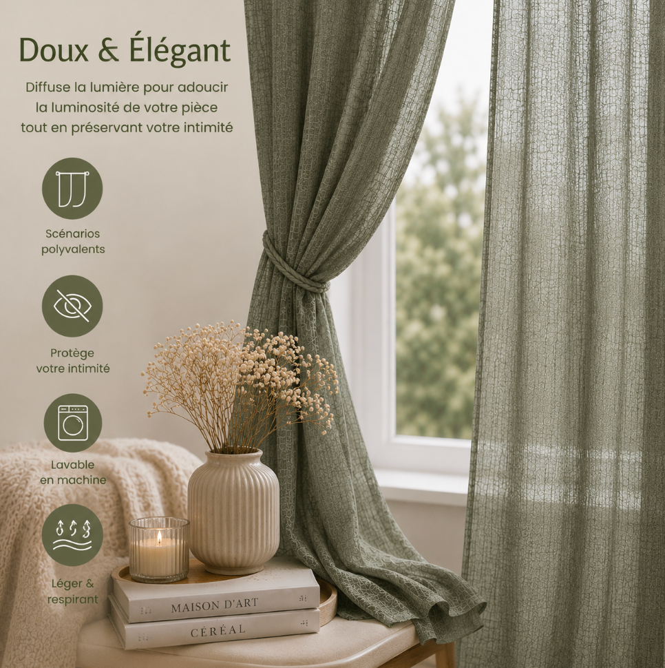Voilage en coton vert transparent au rendu naturel, idéal pour filtrer délicatement la lumière du jour et apporter couleur et fraîcheur aux fenêtres et grandes ouvertures | Milia | Instant rideau