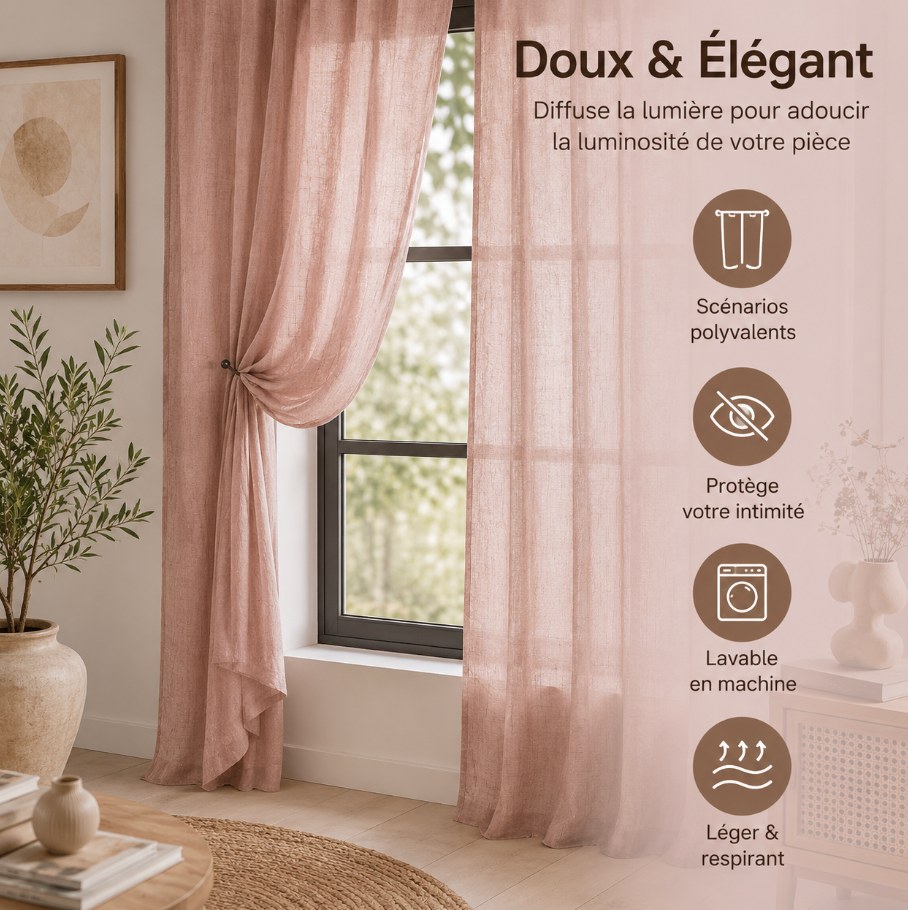 Voilage en coton vieux rose transparent au rendu naturel, idéal pour laisser entrer la lumière du jour et apporter une touche élégante aux fenêtres et grandes ouvertures | Milia | Instant rideau