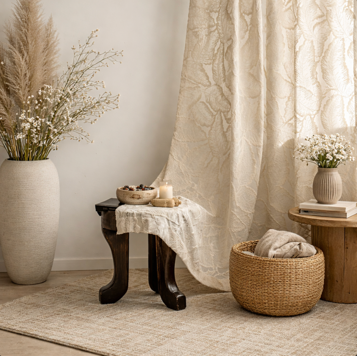 Voilage feuillage crème , rideau léger décoratif à motif végétal naturel pour salon et chambre ambiance zen | Puro | Instant rideau