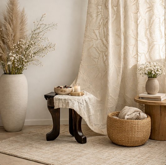Voilage feuillage crème , rideau léger décoratif à motif végétal naturel pour salon et chambre ambiance zen | Puro | Instant rideau