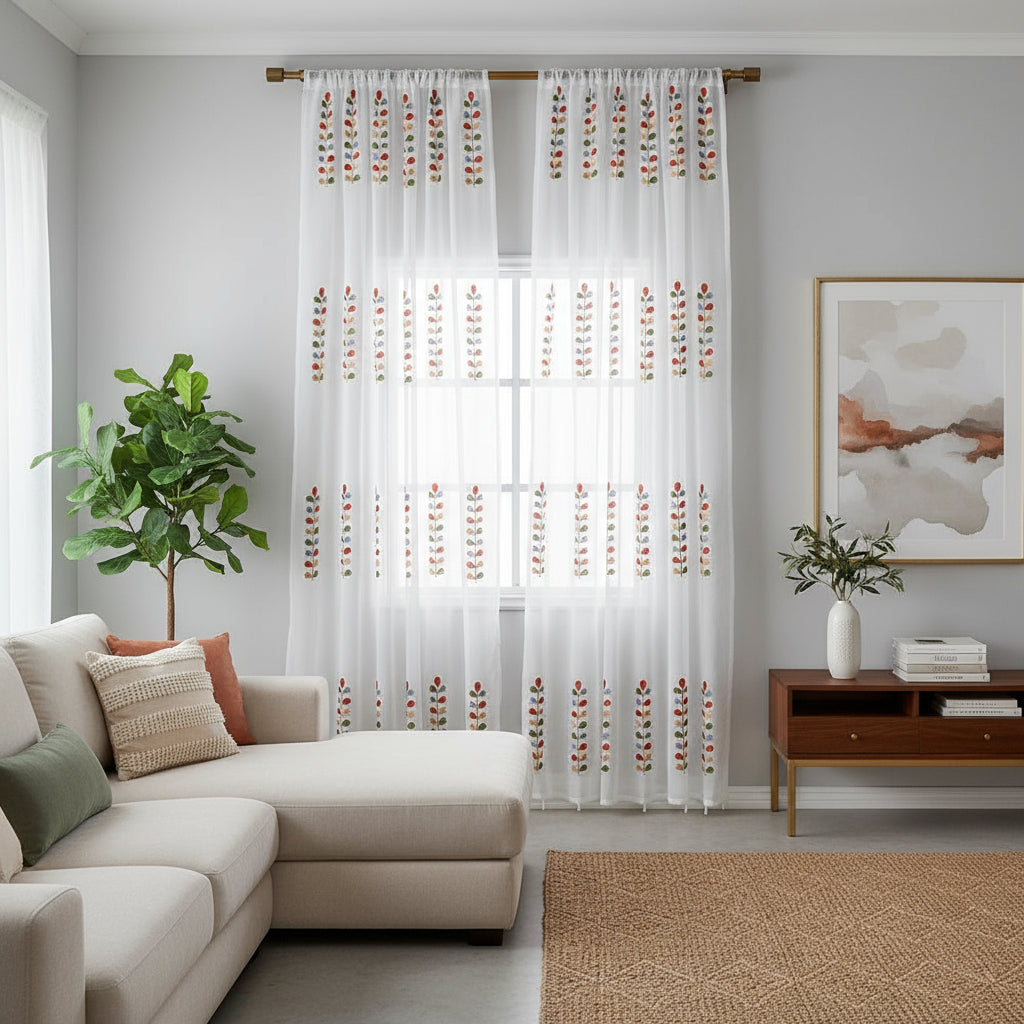 Voilage fleuri apportant fraîcheur et légèreté à votre intérieur, motif feuilles délicat | Floralis | Instant Rideau