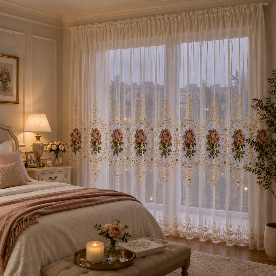 Voilage floral transparent élégant pour fenêtre avec fleurs et ornements brodés, idéal pour habiller un intérieur chic tout en conservant la lumière naturelle | Duchesse | Instant rideau
