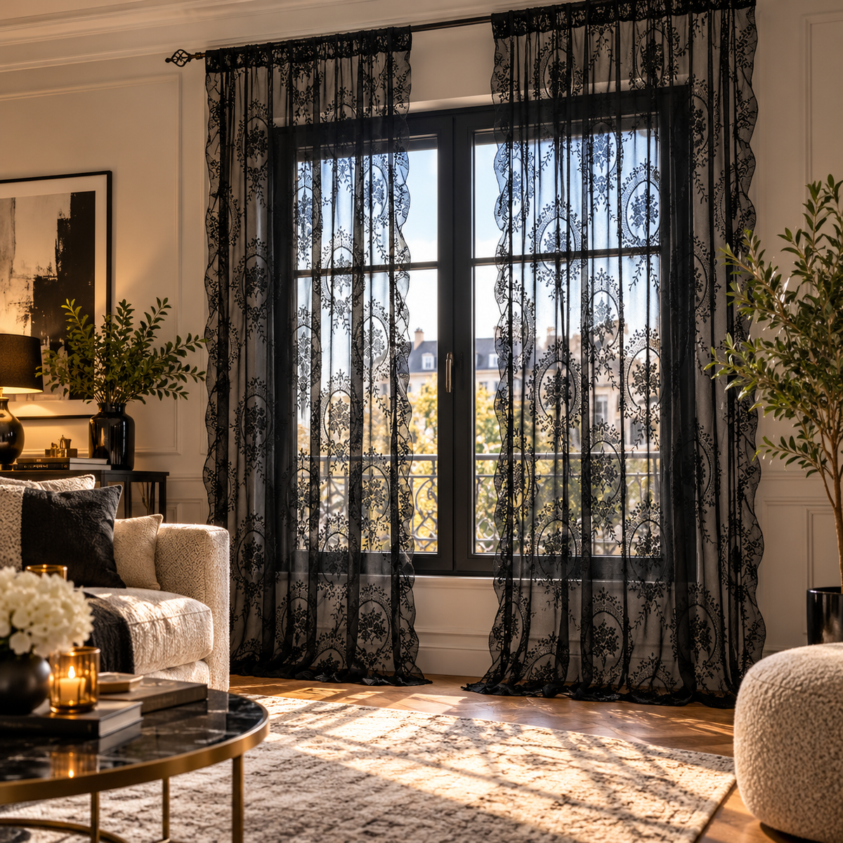 Voilage noir pour chambre avec tissu transparent au tombé souple et délicat, idéal pour tamiser légèrement la luminosité et créer une ambiance contemporaine, élégante et apaisante | Oriu | Instant rideau