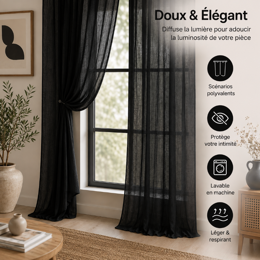 Voilage noir transparent en coton léger avec texture douce et naturelle, parfait pour créer une décoration de caractère et de subtils jeux de lumière | Milia | Instant rideau