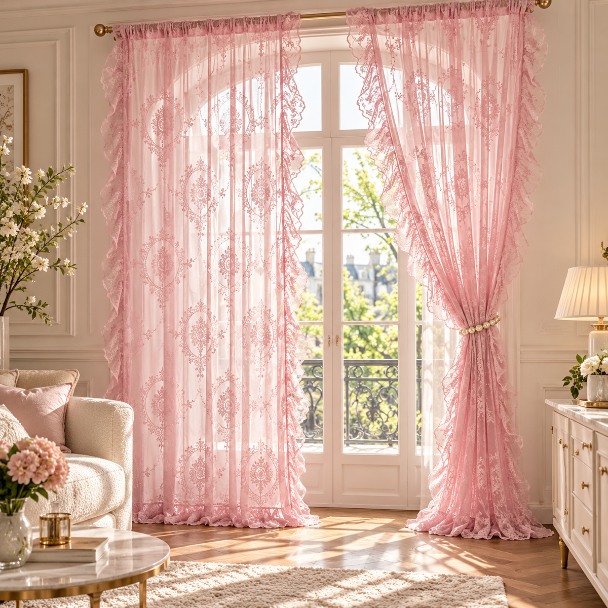 Voilage rose pour chambre et salle à manger, rideau transparent en polyester au tombé souple et délicat, idéal pour tamiser doucement la lumière du jour et créer une ambiance cosy, lumineuse et raffinée | Oriu | Instant rideau