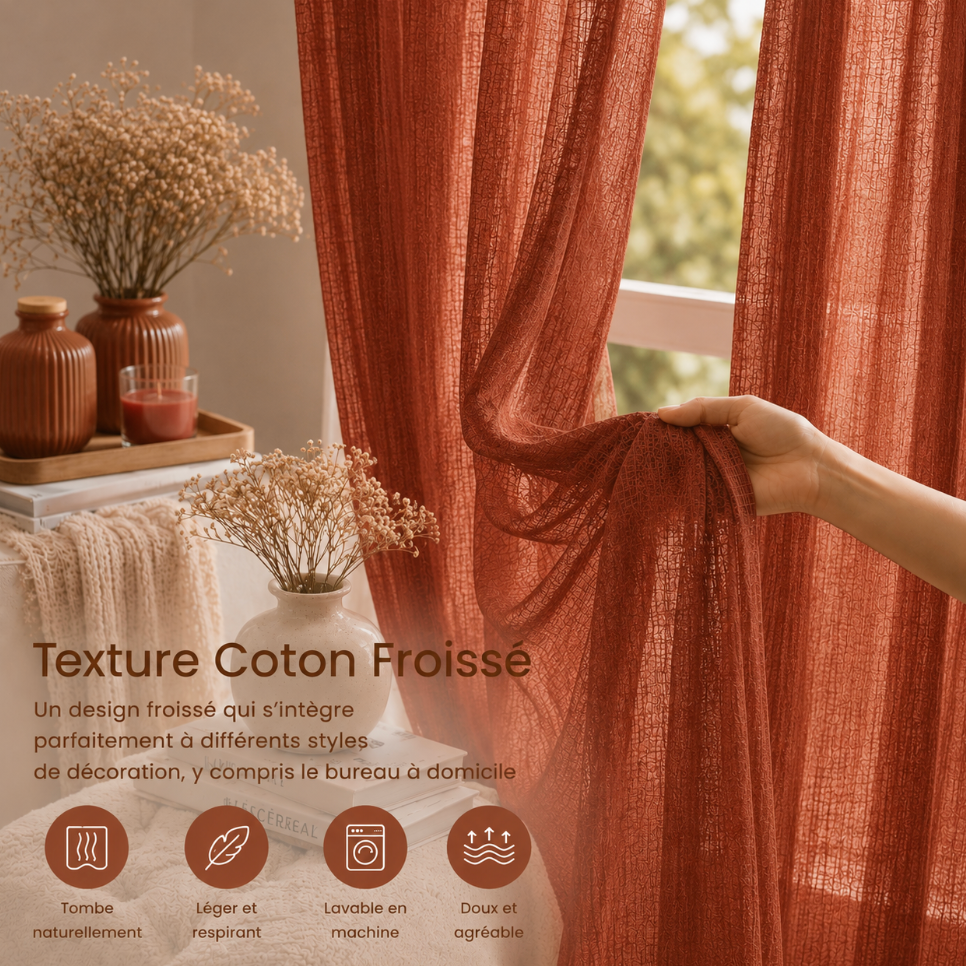 Voilage terracotta léger en coton pour salon, chambre ou salle à manger, parfait pour habiller fenêtres et grandes ouvertures avec un rendu aérien et chaleureux | Milia | Instant rideau