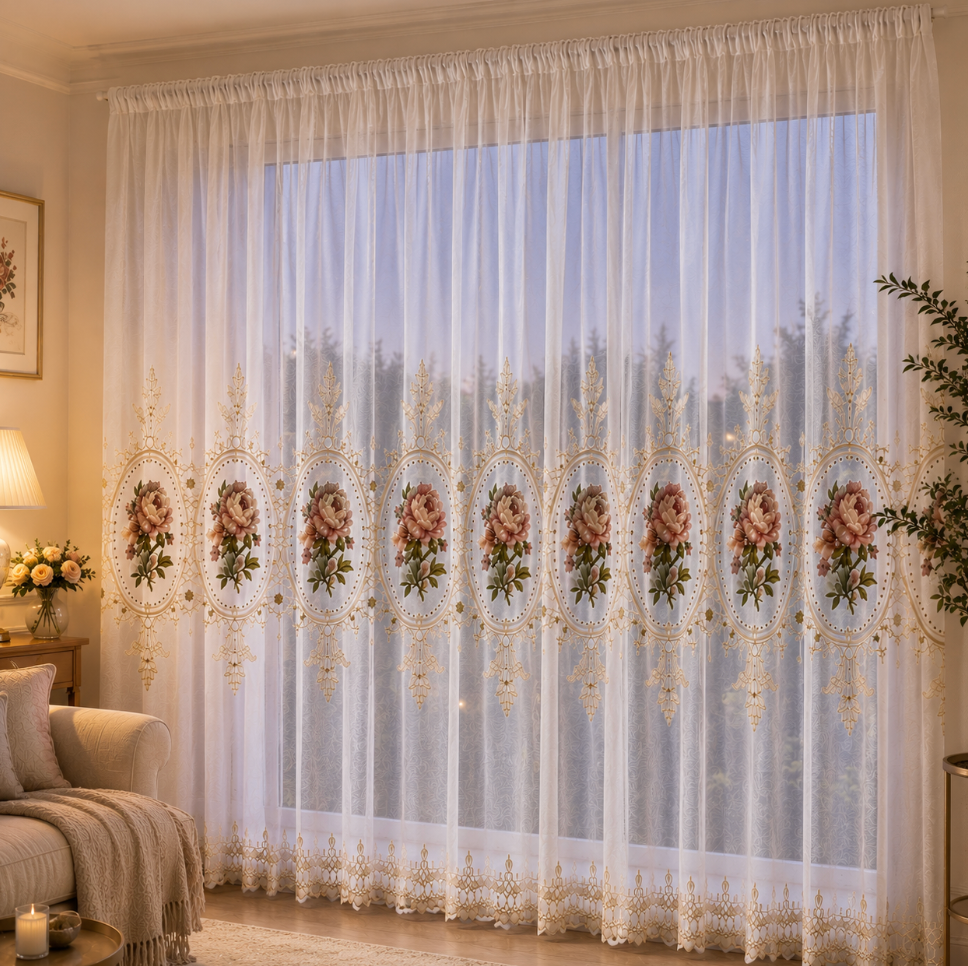 Voilage transparent brodé de grandes fleurs inspirées des pivoines, rideau floral élégant laissant passer la lumière naturelle pour une décoration raffinée | Duchesse | Instant rideau