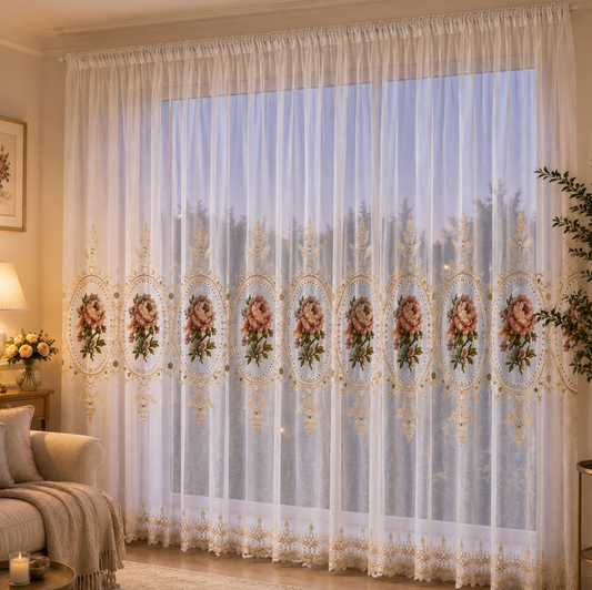 Voilage transparent brodé de grandes fleurs inspirées des pivoines, rideau floral élégant laissant passer la lumière naturelle pour une décoration raffinée | Duchesse | Instant rideau