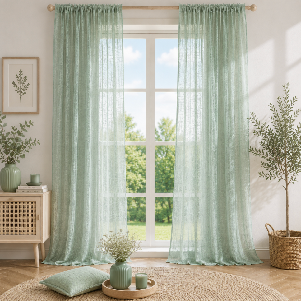 Voilage vert d'eau en coton léger pour fenêtre, tissu fin et aérien laissant filtrer la lumière naturelle pour une décoration fraîche et lumineuse | Milia | Instant rideau