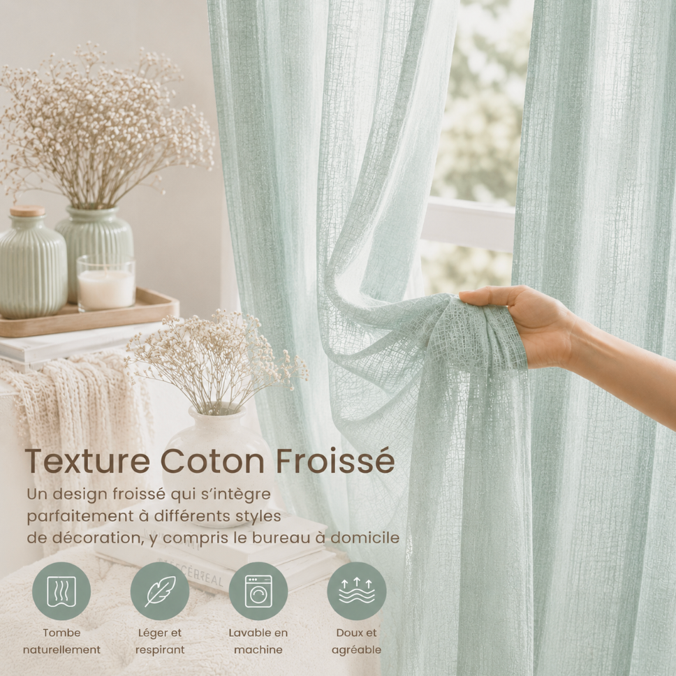 Voilage vert d'eau léger pour salon, chambre et salle à manger, tissu en coton au rendu aérien et élégant pour fenêtres et grandes ouvertures | Milia | Instant rideau