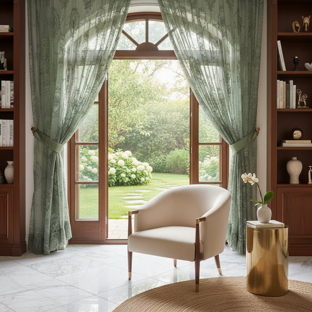 Voilage vert en polyester 100 % avec broderie florale, créant un nid douillet et apaisant dans votre intérieur | Filinor | Instant Rideau