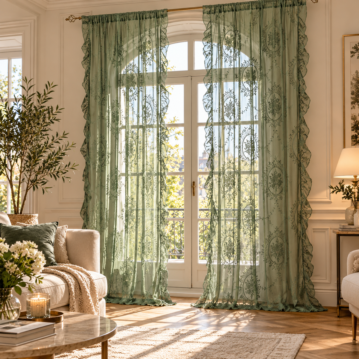 Voilage vert kaki transparent pour fenêtre de salon, en tissu léger 100 % polyester, idéal pour filtrer la lumière naturelle et créer une décoration intérieure moderne, élégante et chaleureuse | Oriu | Instant rideau