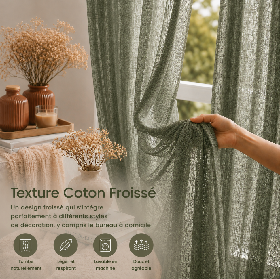 Voilage vert léger pour salon, chambre et salle à manger avec tissu en coton aérien, parfait pour créer une décoration lumineuse et mettre en valeur vos fenêtres | Milia | Instant rideau
