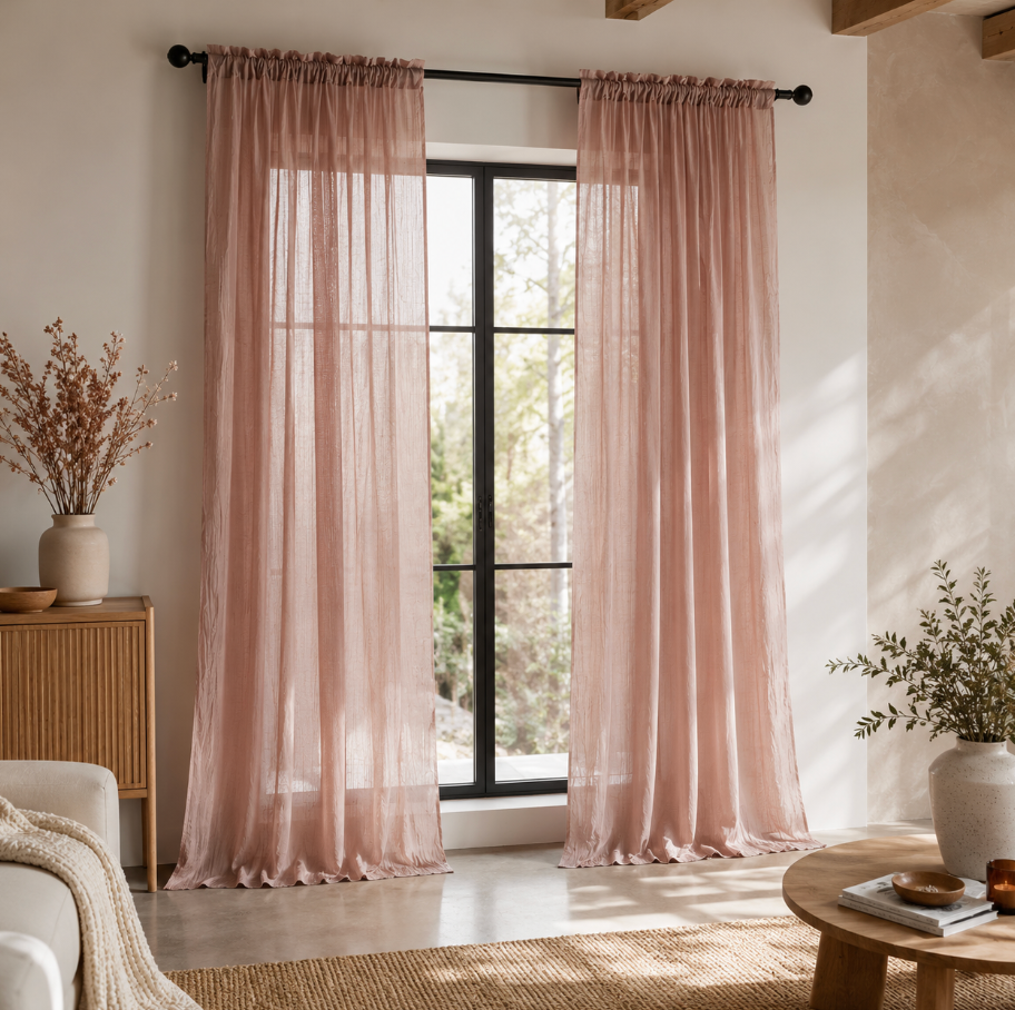 Voilage vieux rose en coton léger pour fenêtre, tissu fin et aérien laissant filtrer la lumière naturelle pour une décoration douce et chaleureuse | Milia | Instant rideau